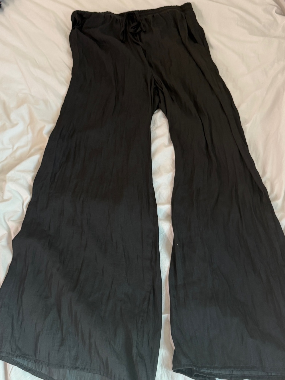 Wide Leg Black Drawstring Women's Flowy Pants - Lightweight Satin Feel NWOT